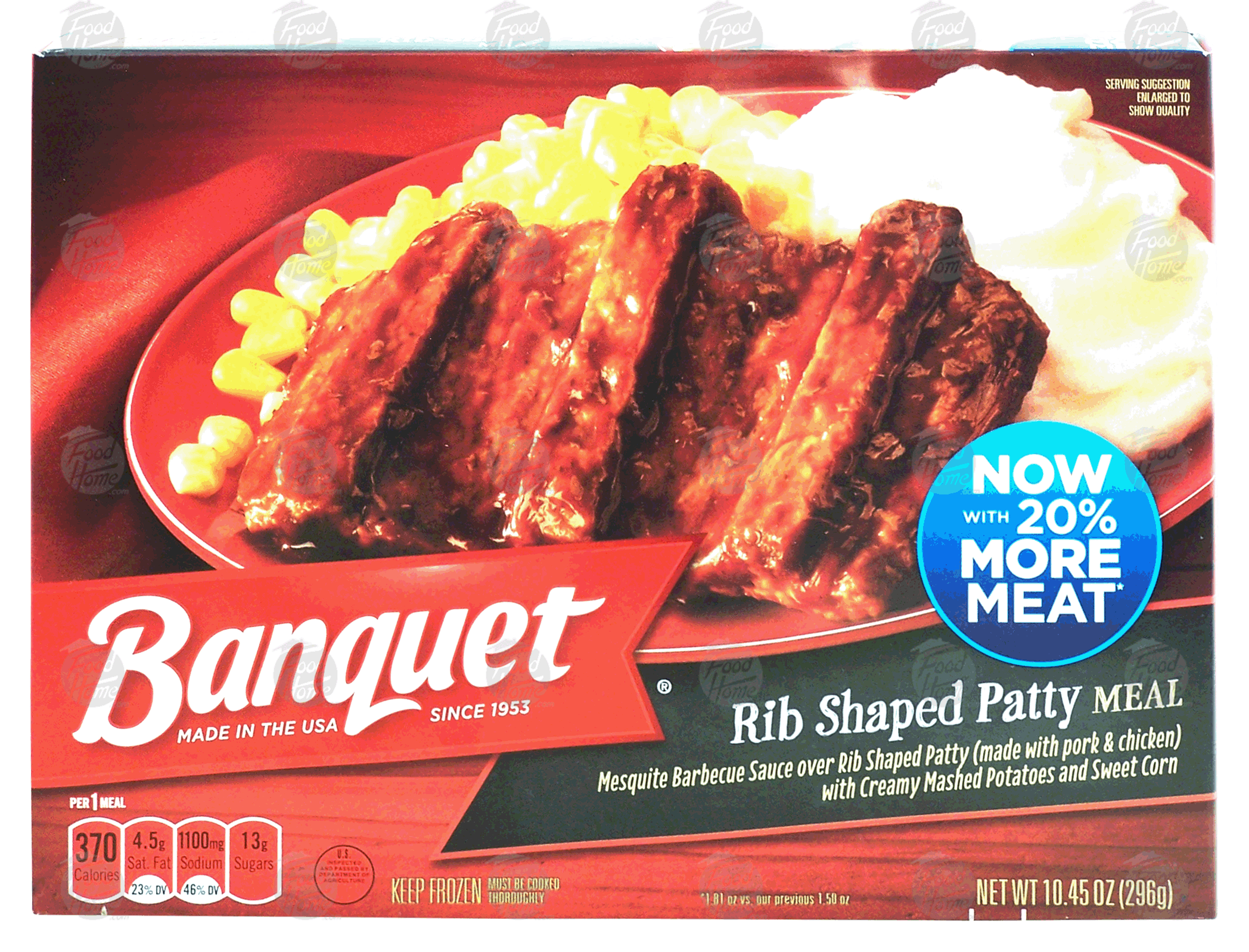 Banquet  rib shaped patty meal with creamy mashed potatoes and sweet corn Full-Size Picture